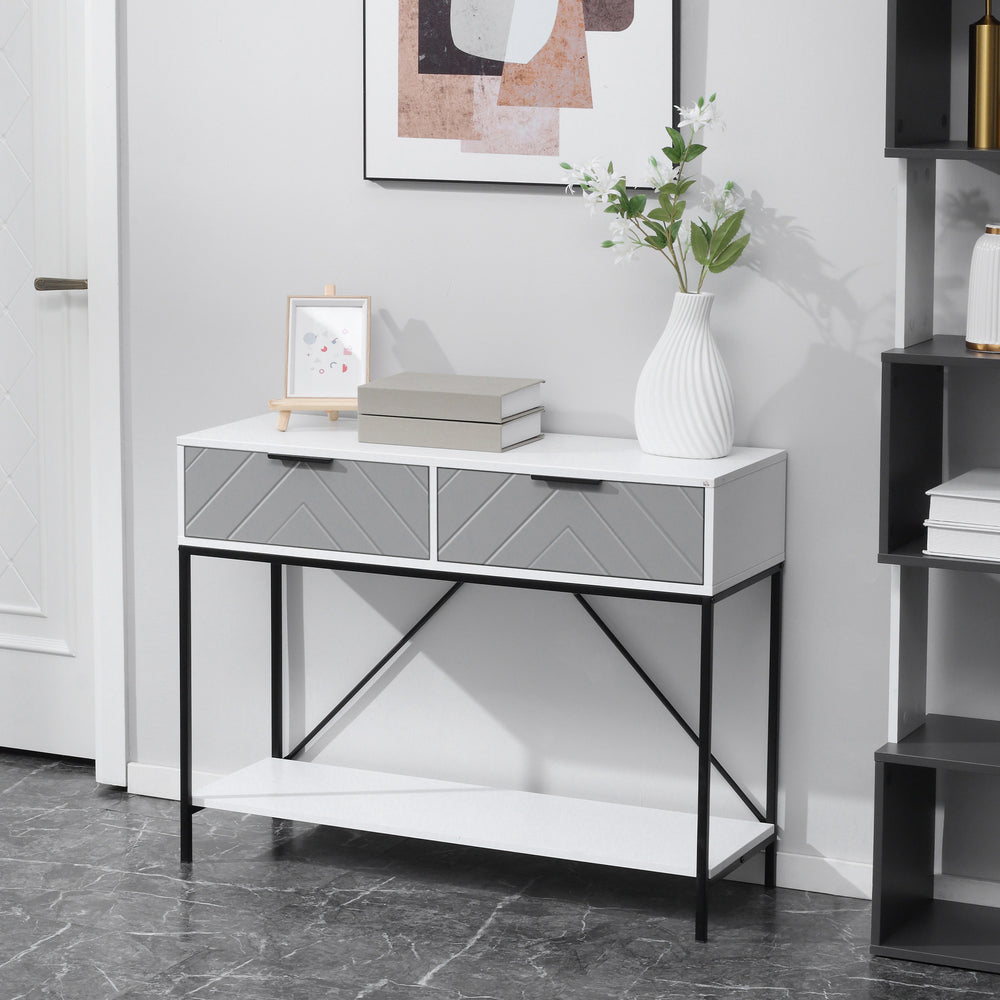 Console moderne avec 2 tiroirs, 2 niveaux avec étagère de rangement, blanc