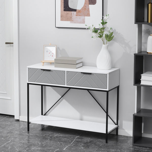 Console moderne avec 2 tiroirs, 2 niveaux avec étagère de rangement, blanc