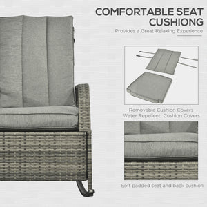 Outdoor Wicker Rocking Chair with Cushion, Patio PE Rattan Recliner Chair with Adjustable Footrest, Armrests, Mixed Grey