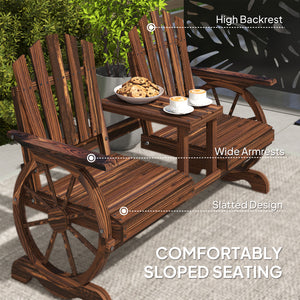Two-seater outdoor wooden bench in the shape of a wagon wheel