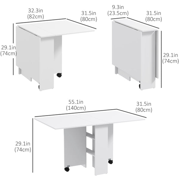 Table de salle à manger pliante pour petits espaces avec étagères de rangement, blanche