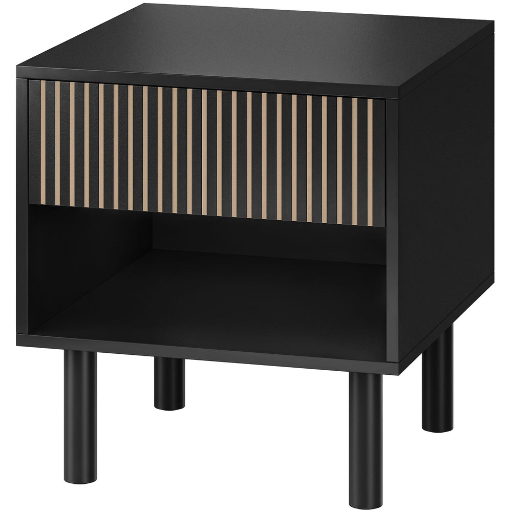 Table de chevet moderne avec tiroir et tablette ouverte – Noir