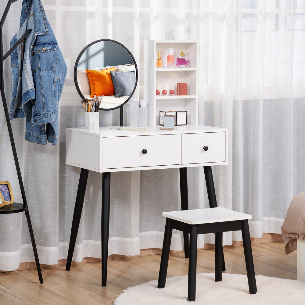 Coiffeuse avec tabouret, tiroirs et étagère, blanc et noir