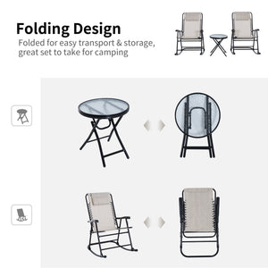 3pc Patio Rocking Chair Set, Folding Outdoor Rocking Chairs and Table Bistro Set w/ Breathable Mesh Seat & Backrest, Headrest for Park, Backyard, Garden, Cream White