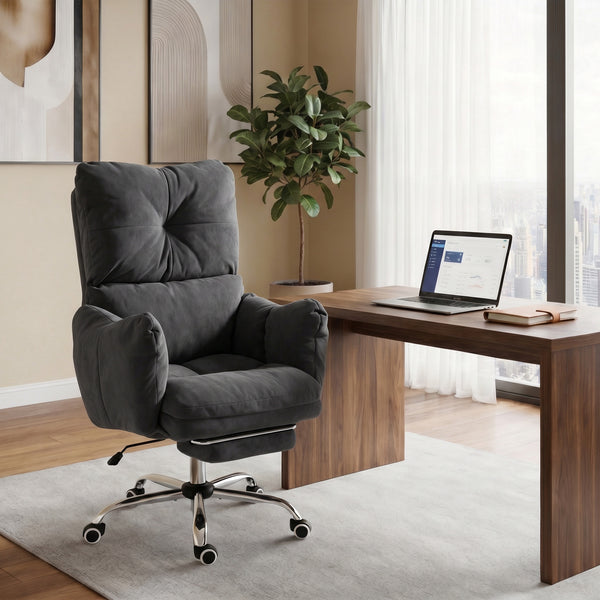 Office Chair with Foot Rest, Ergonomic Reclining Computer Gaming Chair w/ Snow Flannel Fabric, Thick Cushion, Dark Gray