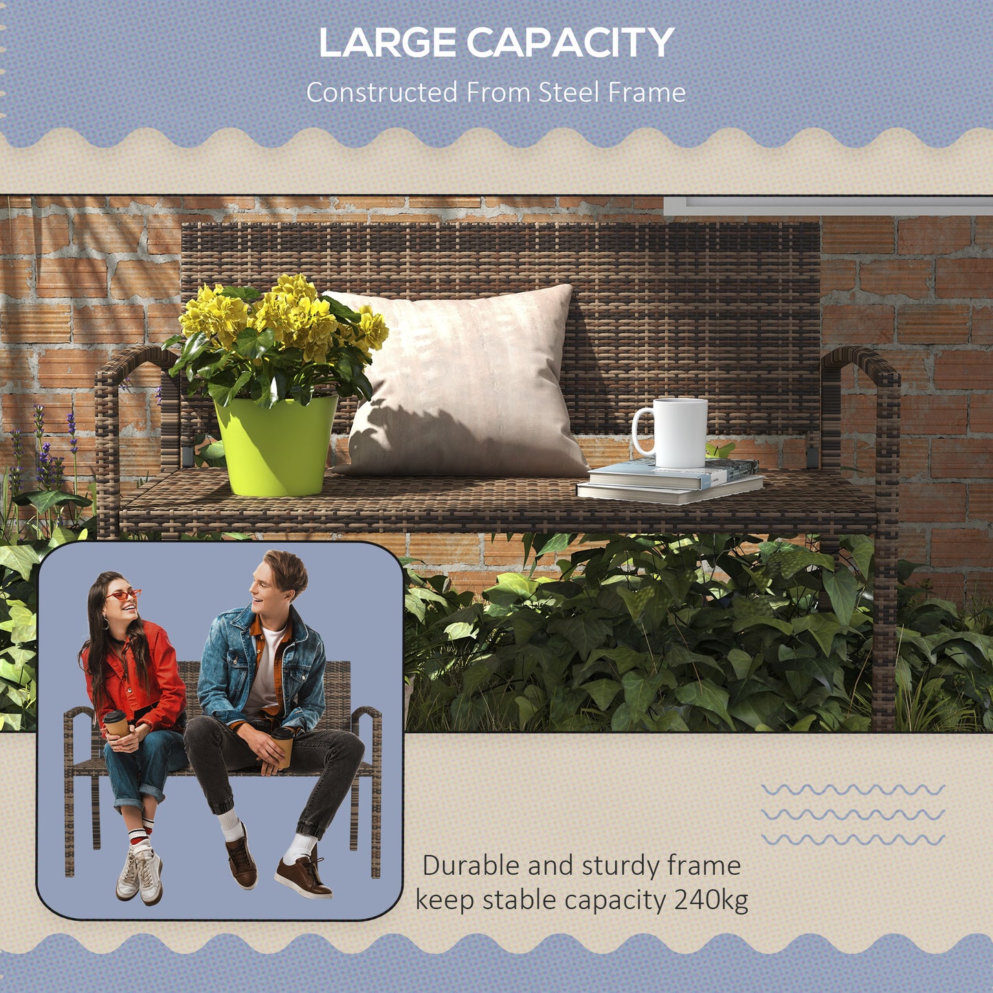 Fauteuil de jardin en rotin et osier avec accoudoirs - Marron