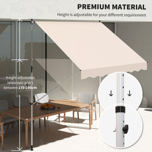 10x5ft Manual Retractable Awning, Patio Sun Shade Canopy Shelter with 5.6-9.2ft Support Pole, Water Resistant UV Protector, for Window, Door, Porch, Deck, Beige