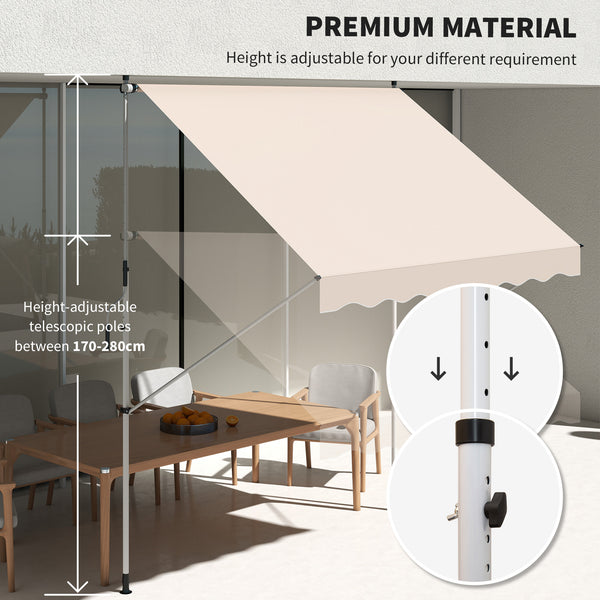 10x5ft Manual Retractable Awning, Patio Sun Shade Canopy Shelter with 5.6-9.2ft Support Pole, Water Resistant UV Protector, for Window, Door, Porch, Deck, Beige