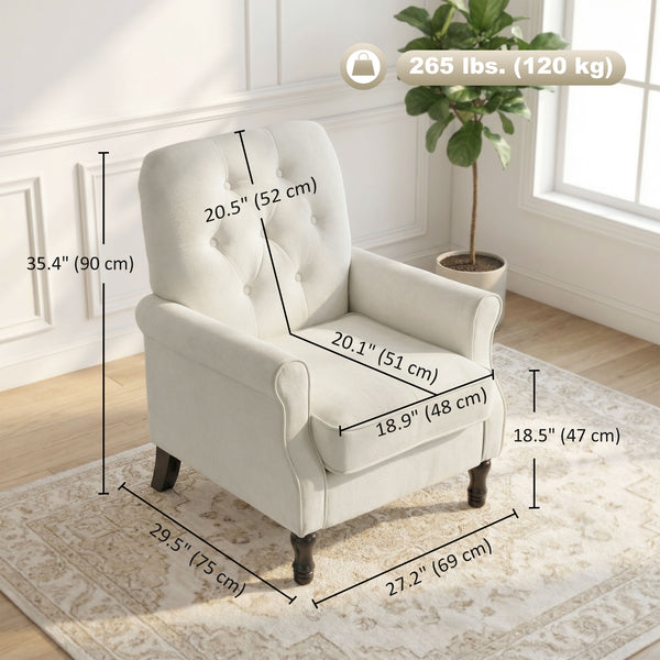 Mid-century modern accent chair with thick padded seat, spring cushion, solid wood legs, cream white