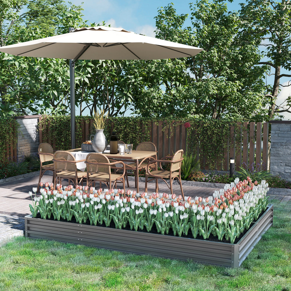 Raised L-shaped planter made of galvanized steel with reinforced rods