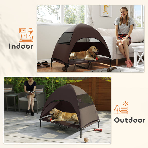 Raised Dog Bed with Canopy, Steel Frame, and Washable Mesh, Coffee Color