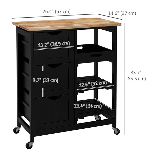 Desserte de cuisine sur roulettes, îlot de cuisine plateau en bois, 3 tiroirs et étagères pour salle à manger, noir