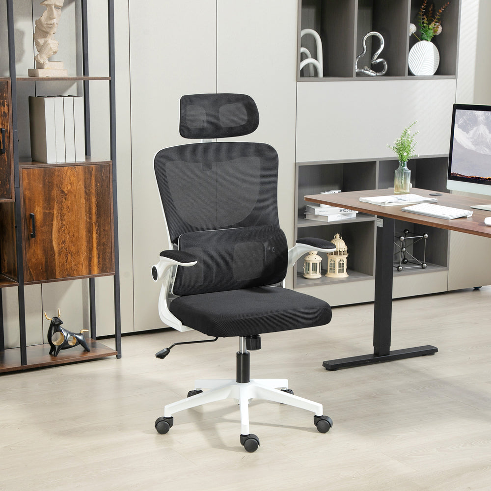 High-back mesh office chair with swivel headrest, black
