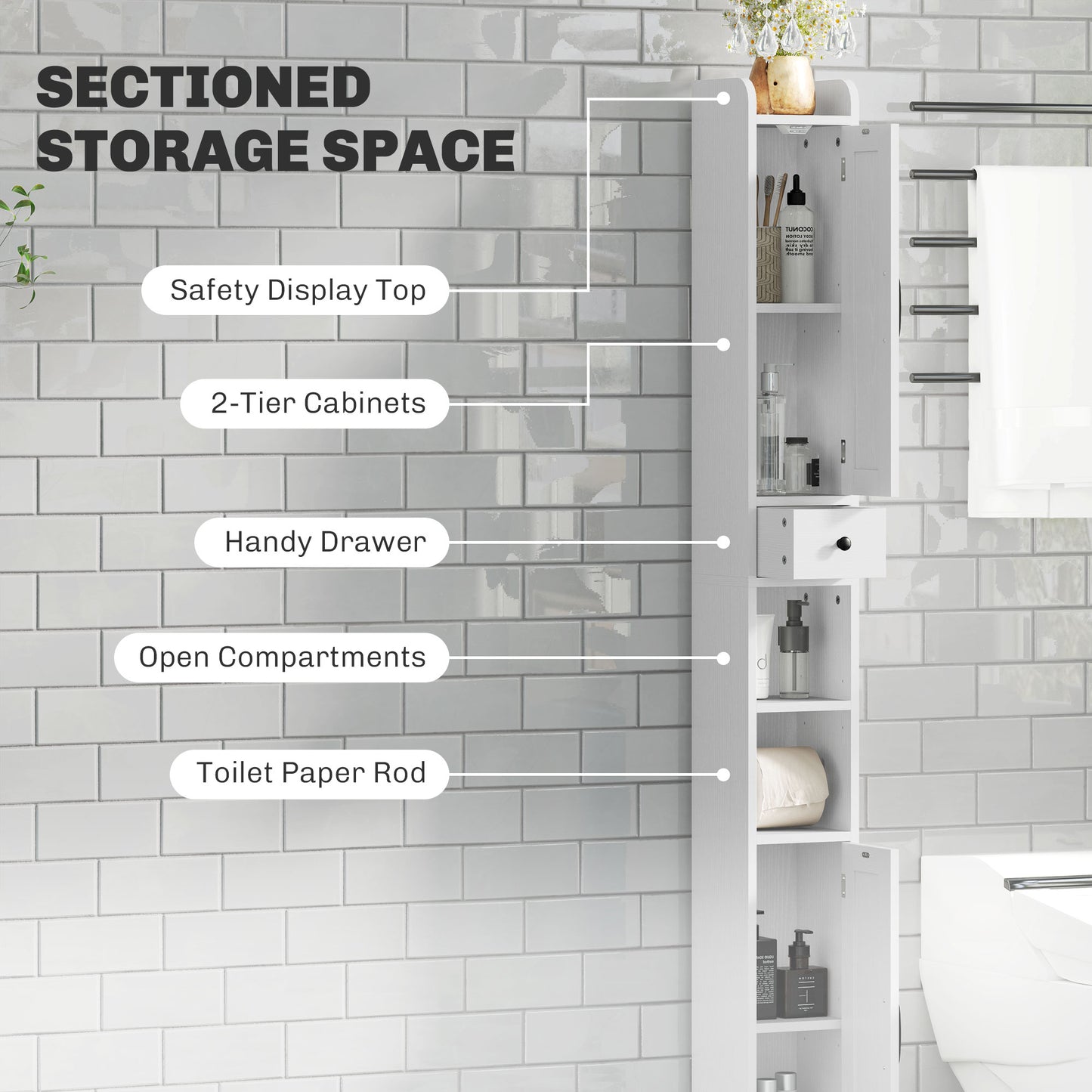 Meuble de salle de bain étroit  avec portes de grange, tiroir et étagères réglables, aspect bois blanc