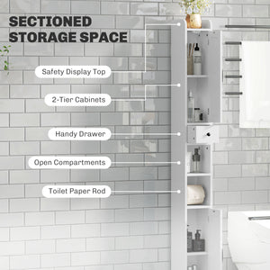 Meuble de salle de bain étroit  avec portes de grange, tiroir et étagères réglables, aspect bois blanc