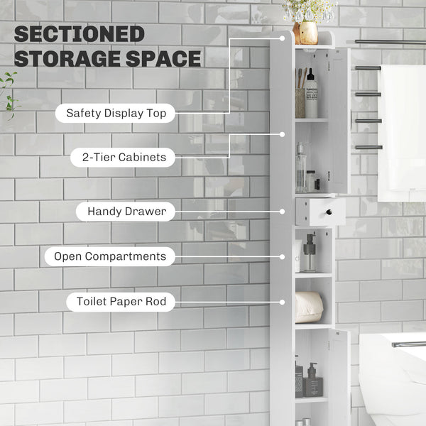 Meuble de salle de bain étroit  avec portes de grange, tiroir et étagères réglables, aspect bois blanc
