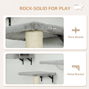 Set of 7 Wall Shelves and Perches with House, Sisal Ladder, Bed and Ball, Grey