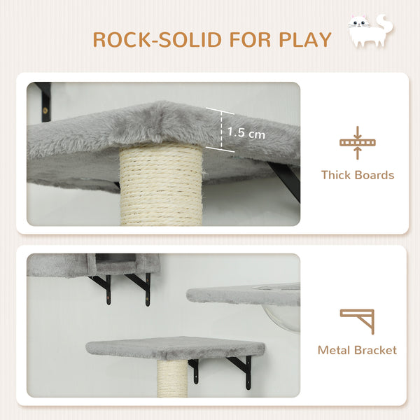 Set of 7 Wall Shelves and Perches with House, Sisal Ladder, Bed and Ball, Grey