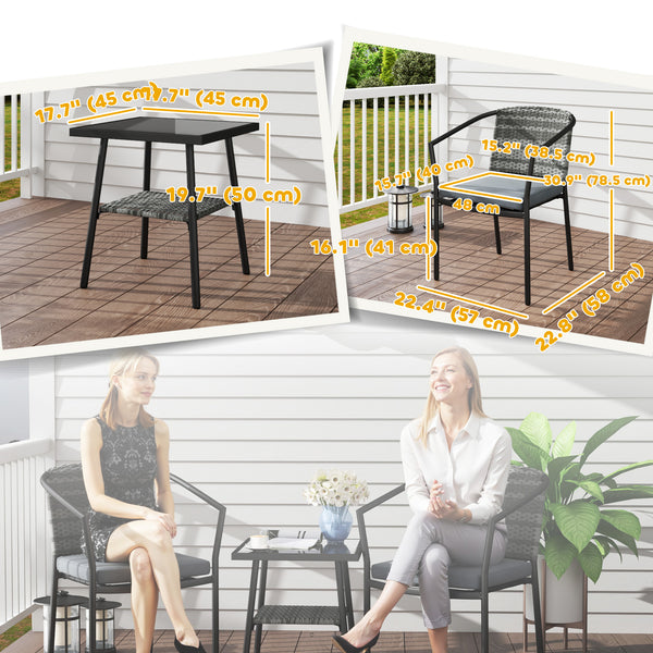 Outdoor Bistro Set, 3 Piece Wicker Patio Furniture Set with Armchairs, 2-Tier Glass Table, Cushions, Dark Grey