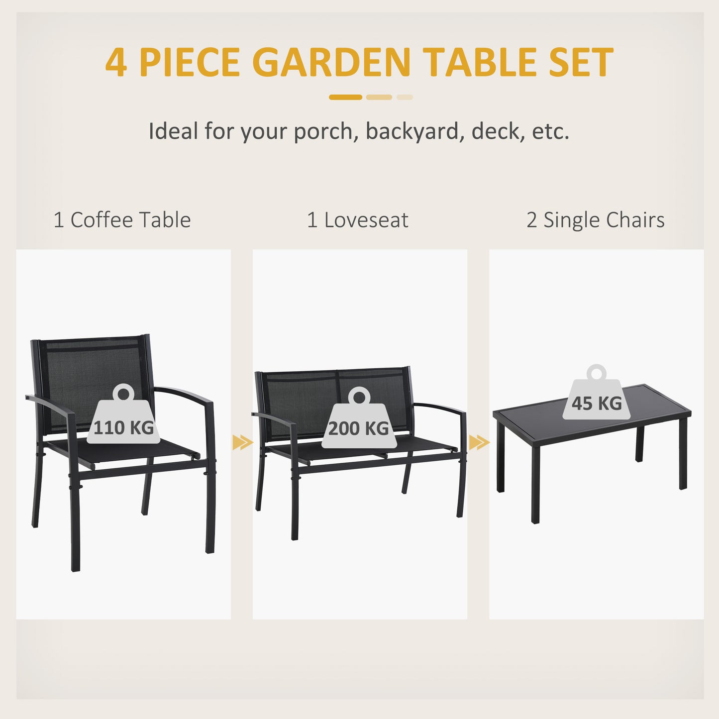 Outsunny 4 Piece Garden Furniture Set with Glass Coffee Table, Breathable Mesh Seat and Backrest for Garden and Balcony, Black