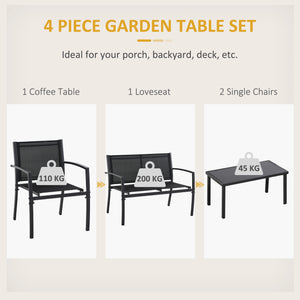Ensemble de meubles 4 pièces avec table basse en verre, assise et dossier en maille respirante pour jardin et balcon, noir