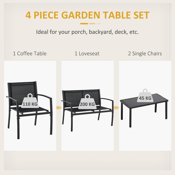 Ensemble de meubles 4 pièces avec table basse en verre, assise et dossier en maille respirante pour jardin et balcon, noir