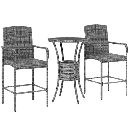 Outsunny 3 Piece Patio Bar Set, Rattan Bistro Table and Chairs, Garden Furniture with Ice Bucket, Grey Mix