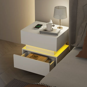Bedside Table with Charging Station and LED Light Modern Nightstand with USB Ports AC Outlets Drawers Remote, White