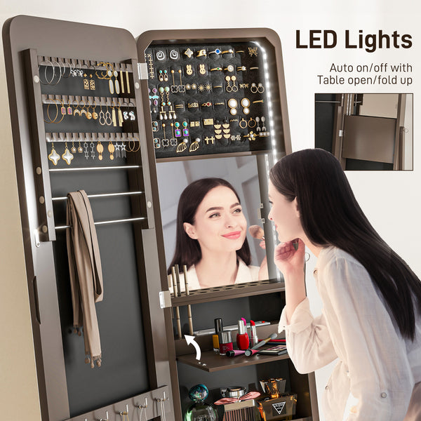 Armoire à bijoux sur pied avec miroir, éclairage LED, marron