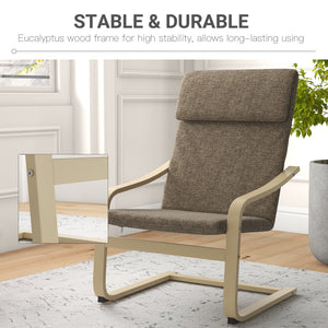 Modern Accent Chair, Linen-Feel Upholstered Living Room Chair with Wood Curved Legs for Balcony, Dark Brown