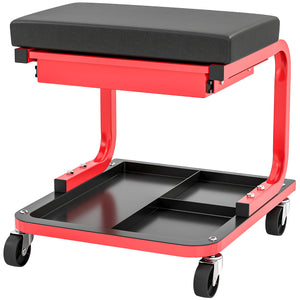 Rolling workshop stool with tool storage and drawer, black.