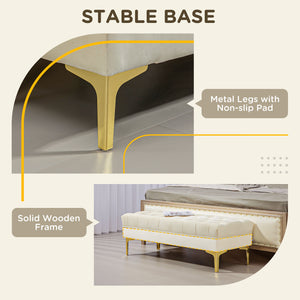 Banc de lit rembourré avec capitonnage à boutons, beige