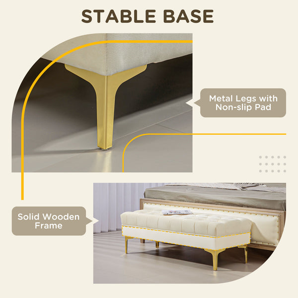 Banc de lit rembourré avec capitonnage à boutons, beige