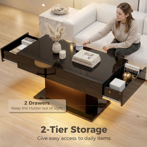 LED Coffee Table with Storage, High Gloss Modern Centre Table with 2 Drawers and Remote Control for Living Room, Black