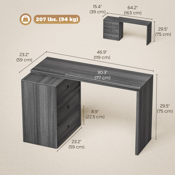 L Shaped Computer Desk Home Office Desk with 3 Drawers Black Wood Grain