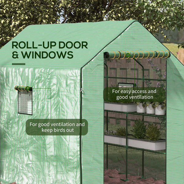 Small outdoor greenhouse with 2-tier U-shaped flower shelves