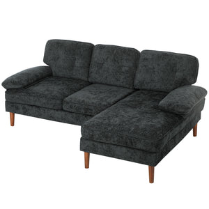 Canapé d'angle moderne avec méridienne droite, 3 places capitonné avec pieds en bois, noir
