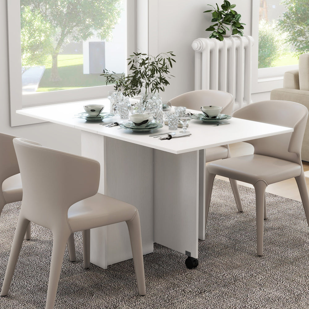 Folding dining table for small spaces with storage shelves, white