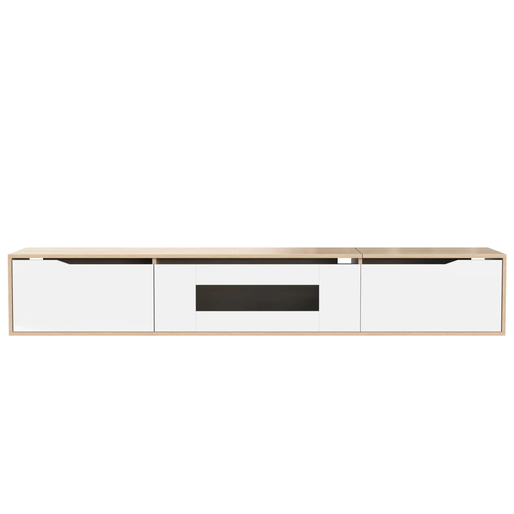 Meuble TV brillant avec éclairage LED, design moderne et options de montage polyvalentes, blanc et bois