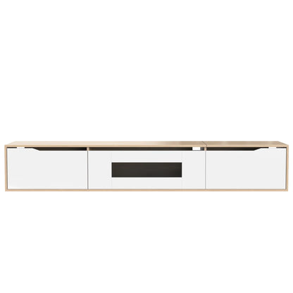 Meuble TV brillant avec éclairage LED, design moderne et options de montage polyvalentes, blanc et bois