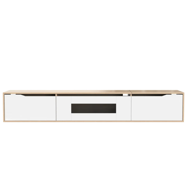 Meuble TV brillant avec éclairage LED, design moderne et options de montage polyvalentes, blanc et bois