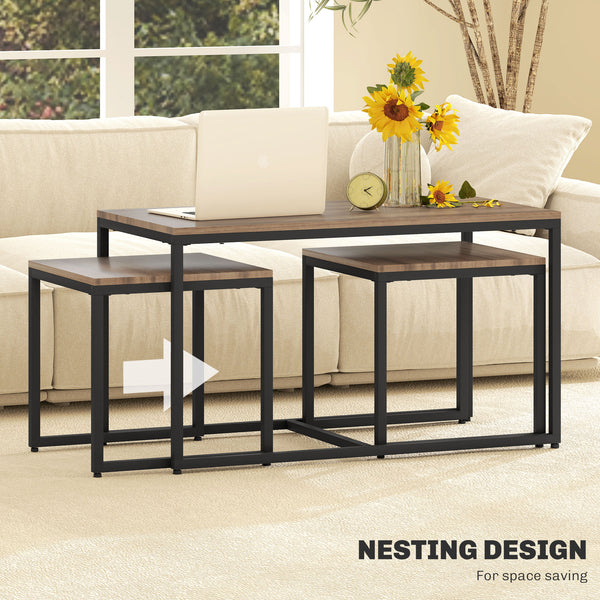 Lot de 3 tables basses gigognes avec cadre en métal, marron