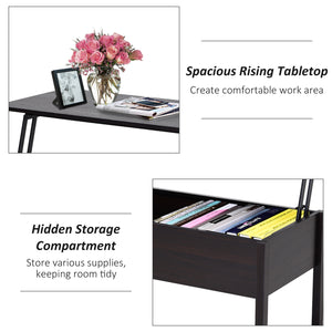 Table basse moderne avec plateau relevable et compartiment de rangement dissimulé, marron