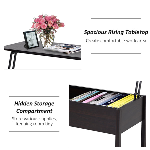Table basse moderne avec plateau relevable et compartiment de rangement dissimulé, marron