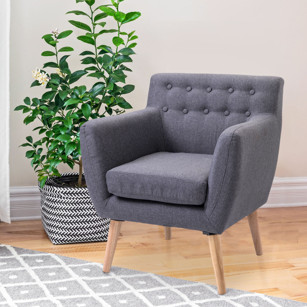Fauteuil mid century avec structure en bois et rembourrage épais, gris clair