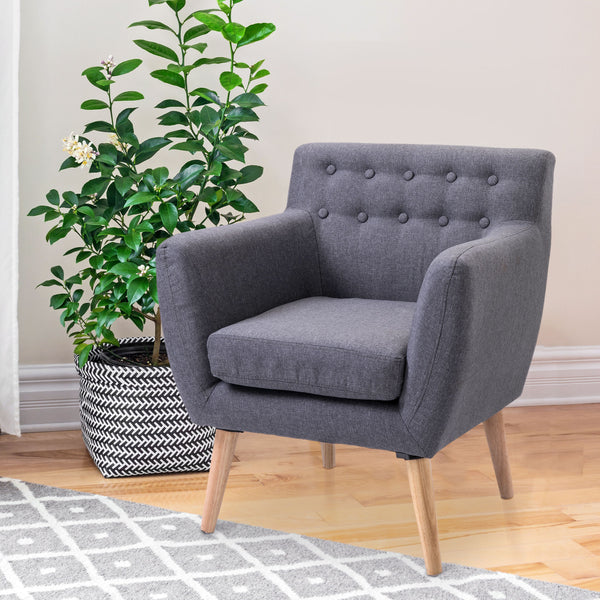 Fauteuil mid century avec structure en bois et rembourrage épais, gris clair