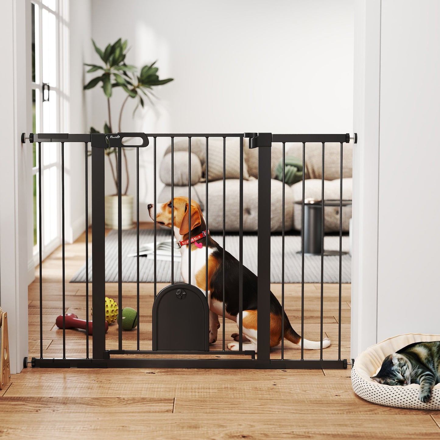 Barrière extra large pour animaux PawHut de 76 à 132 cm avec petite porte, barrière de sécurité pour chien de 89 cm de hauteur, fixation par pression pour escalier, noire