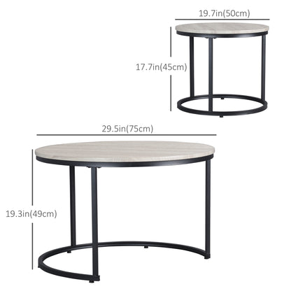 Lot de 2 tables basses ronde avec structure en métal, tables de salon, grain de bois gris