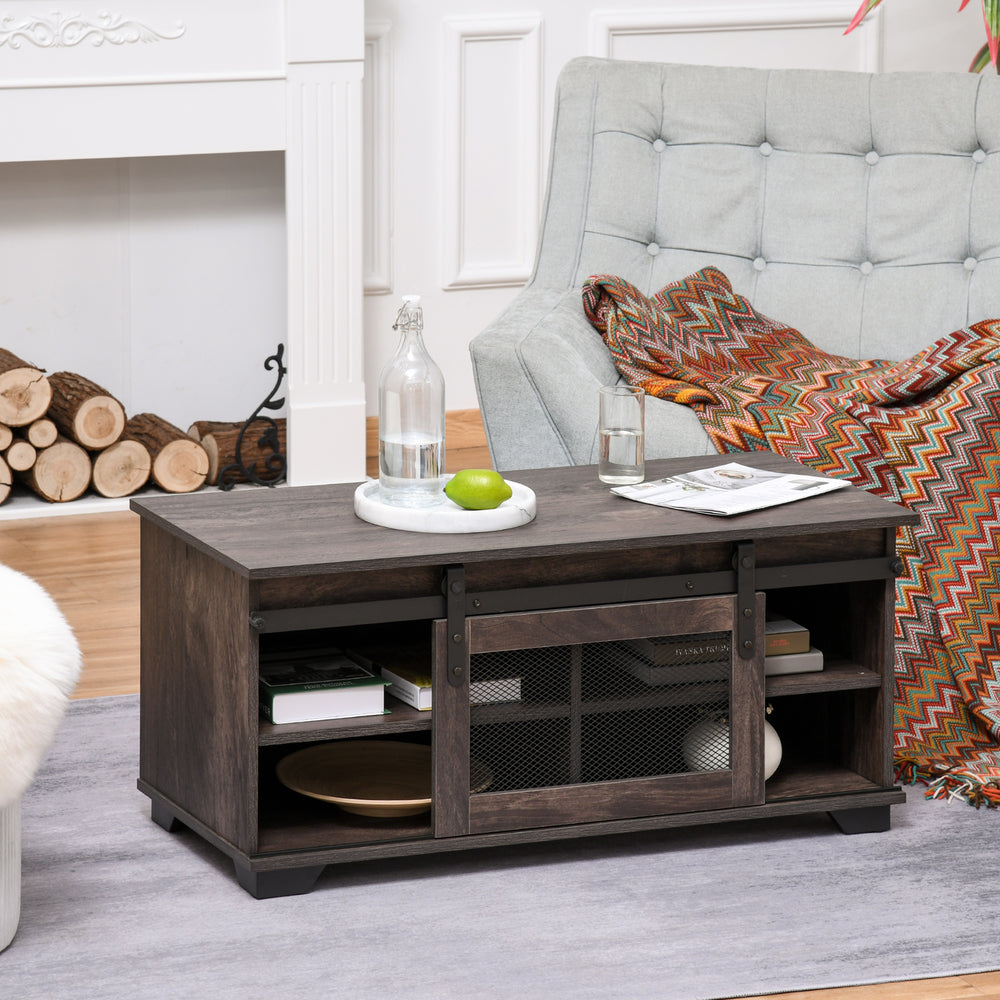 Table basse de style campagnard avec porte coulissante en maille, marron foncé
