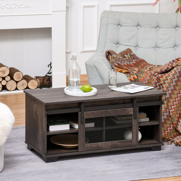 Table basse de style campagnard avec porte coulissante en maille, marron foncé